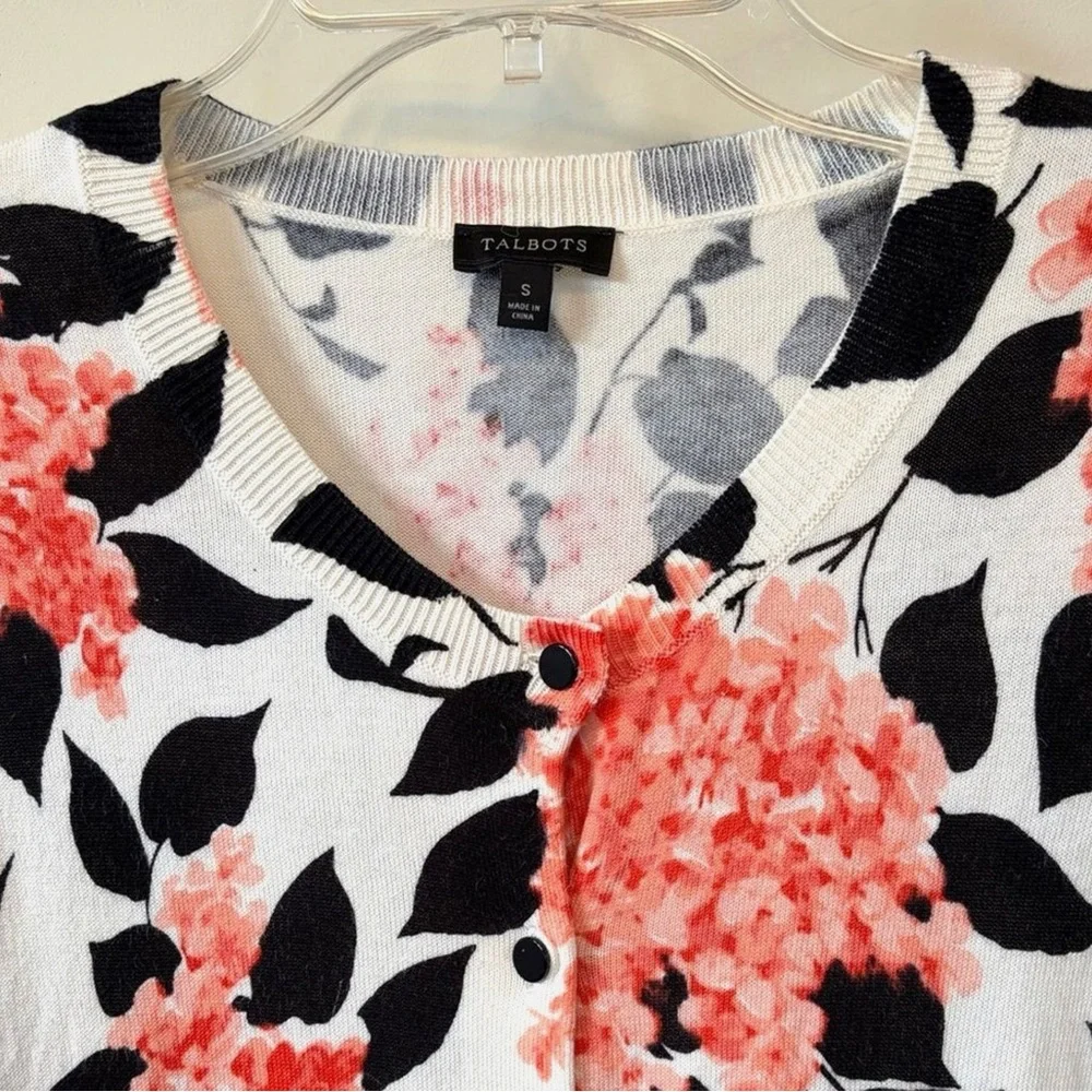 Talbots Floral Button Front Cardigan Small Black White Coral Lightweight Sweater